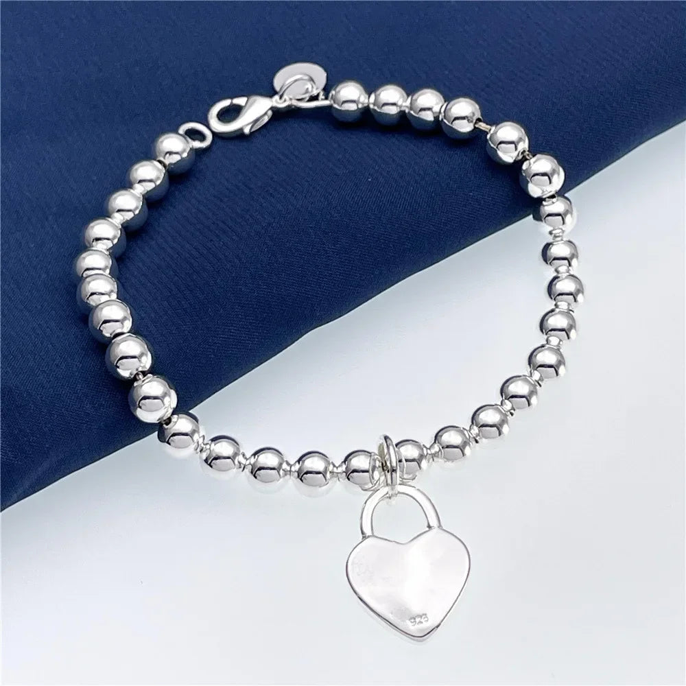 New 925 Sterling Silver Charm 6MM Beads Chain Heart Bracelet for Women Fashion Party Wedding Jewelry Couple Gifts Qme