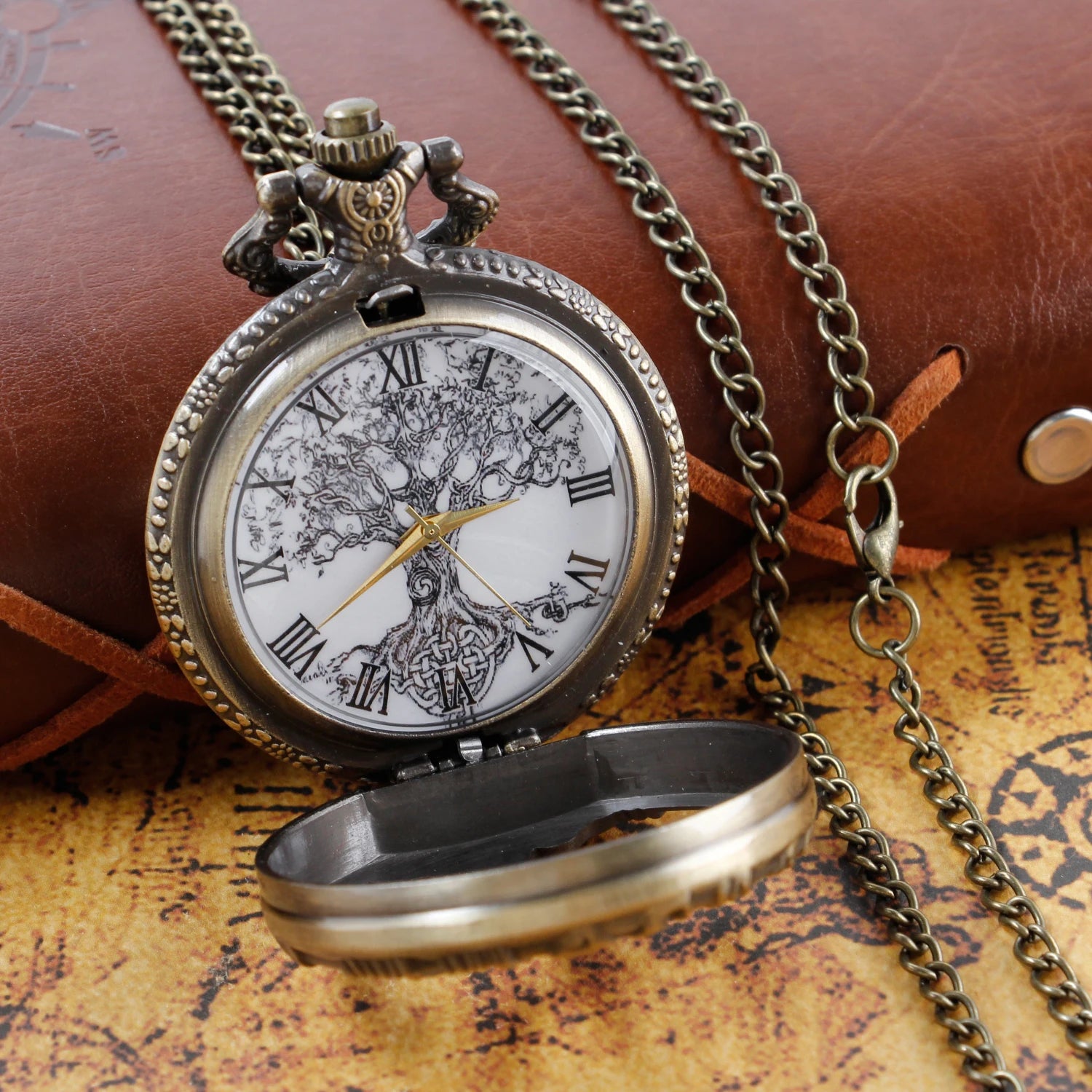 Steampunk Retro Bronze Hollow Tree of Life Quartz Pocket Watch with Fob Women's Watch Pendant Necklace Chain Men's Gift CF1088 Qme