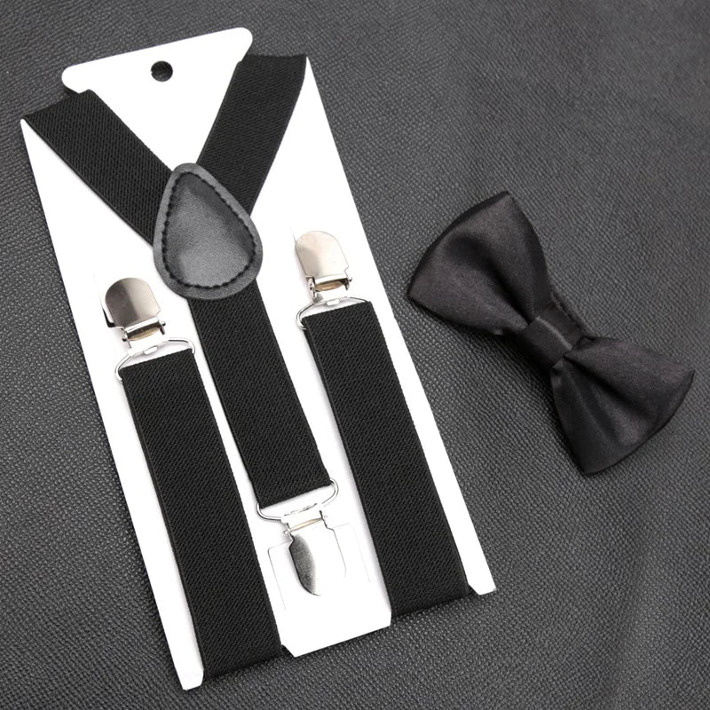 Kids Suspenders for Pants Bowtie Set Matching Tuxedo Suit Boy Girl Childs Black Adjustable Y-Back Brace Belt Wedding Accessories Qme