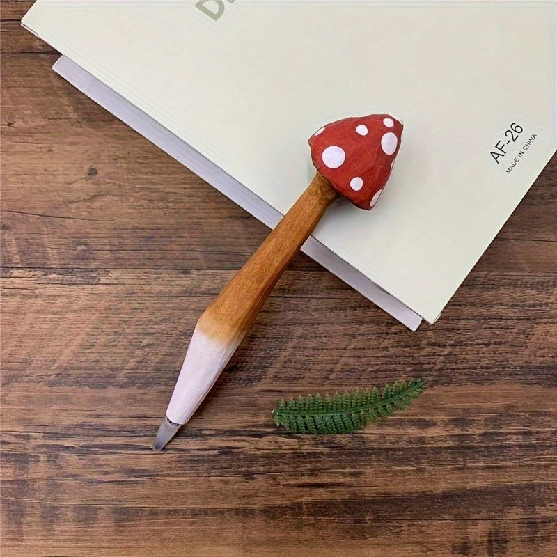Hand Carved Wooden Mushroom Ballpoint Pen, Cute Red Spotted Amanita Shape Decorative Writing Pen, Novelty Stationery Gift Qme 1pc