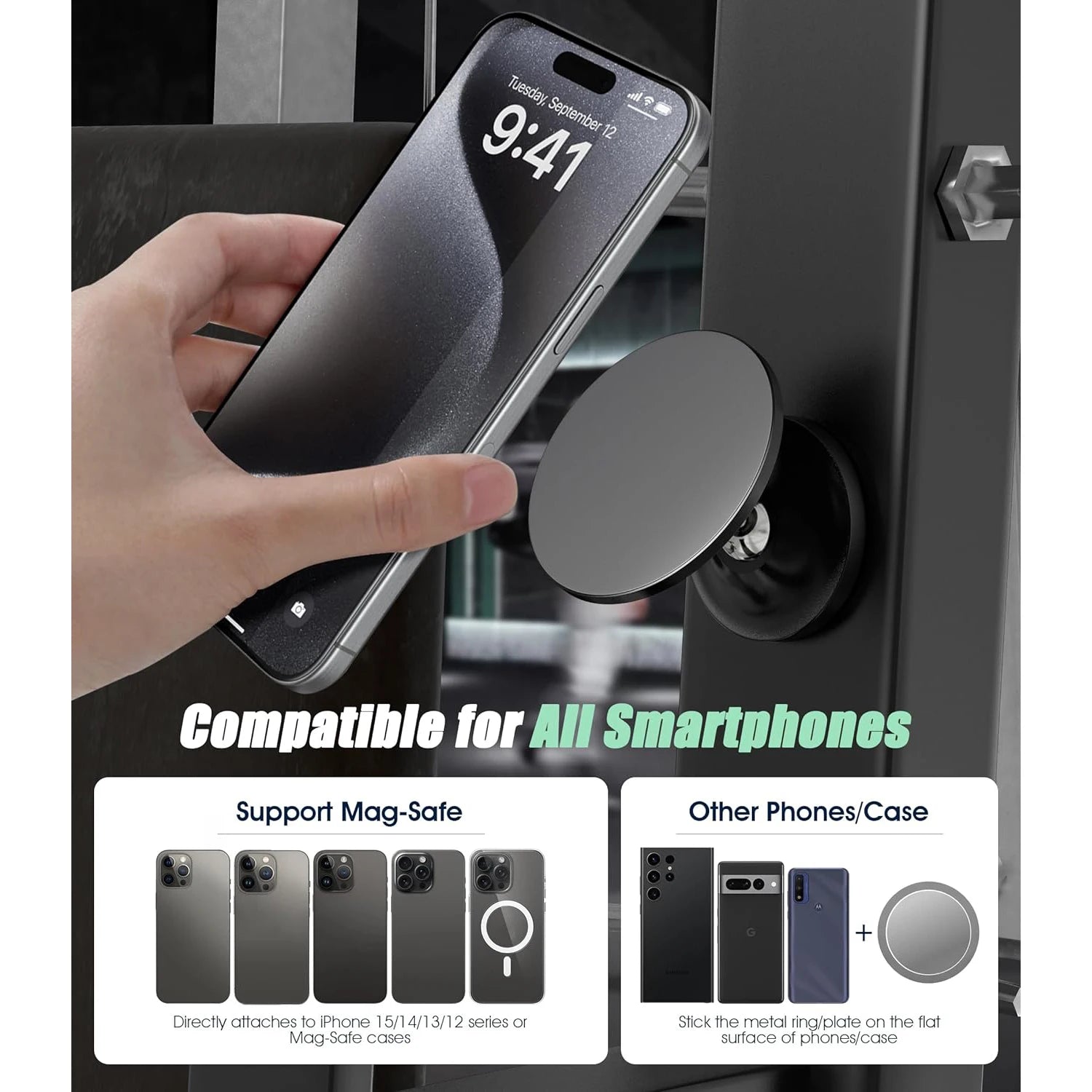 Upgraded Gym Double-Ball 360° Rotations, Car Magnetic Phone Mount Holder Compatible for MagSafe for Videos and Selfies Qme