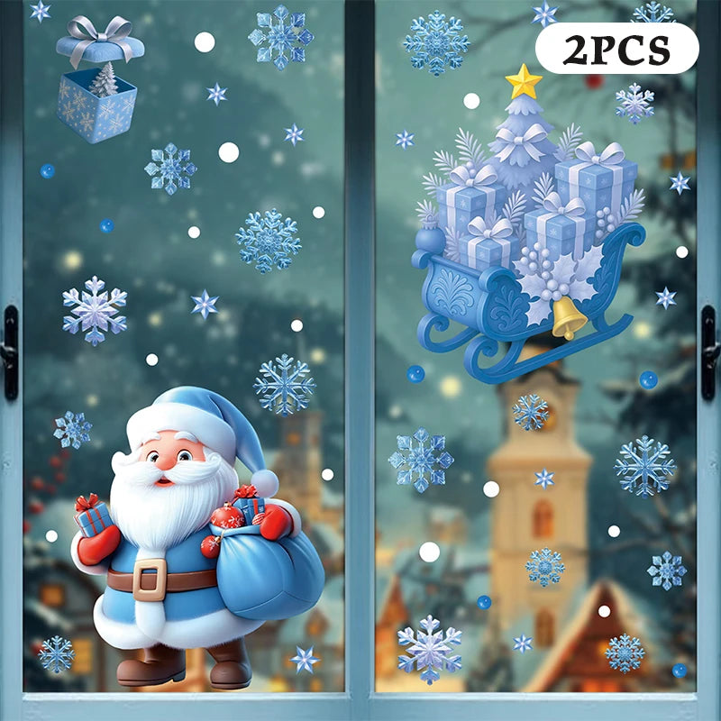 Blue Christmas Window Clings-Static Sticker Set With Bells, Reindeer, Santa, Snowflakes & Snowman For Holiday Party Decor Qme A2