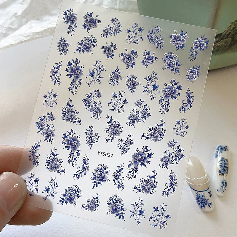 Blue White Porcelain-style 3D Nail Art Stickers Self-adhesive Qme A