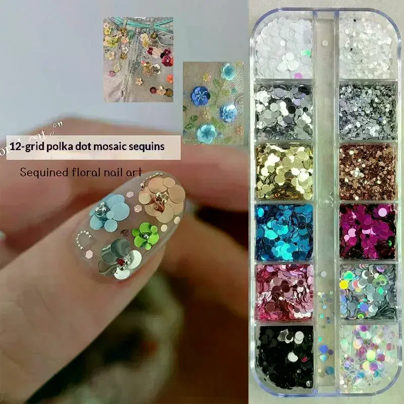 Vibrant 12 Grids Circular Nail Glitter Colorful Flowers DIY Projects Qme