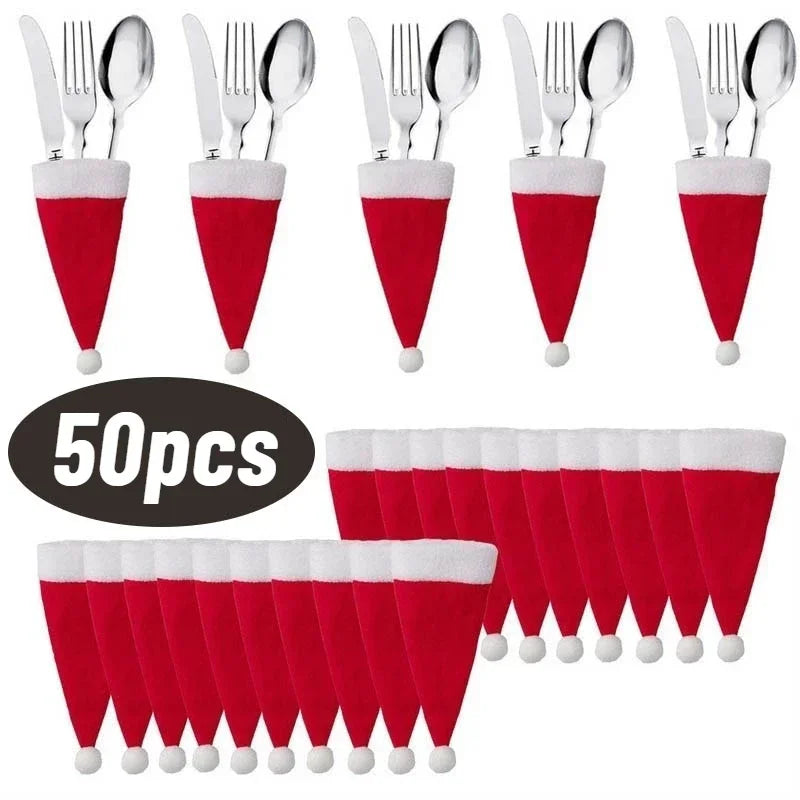 Christmas Tableware Bag Holder Mini Christmas Hat Fork Knife Cutlery Bag Xmas Ornament Decor Merry Christmas Decoration Qme 5pcs