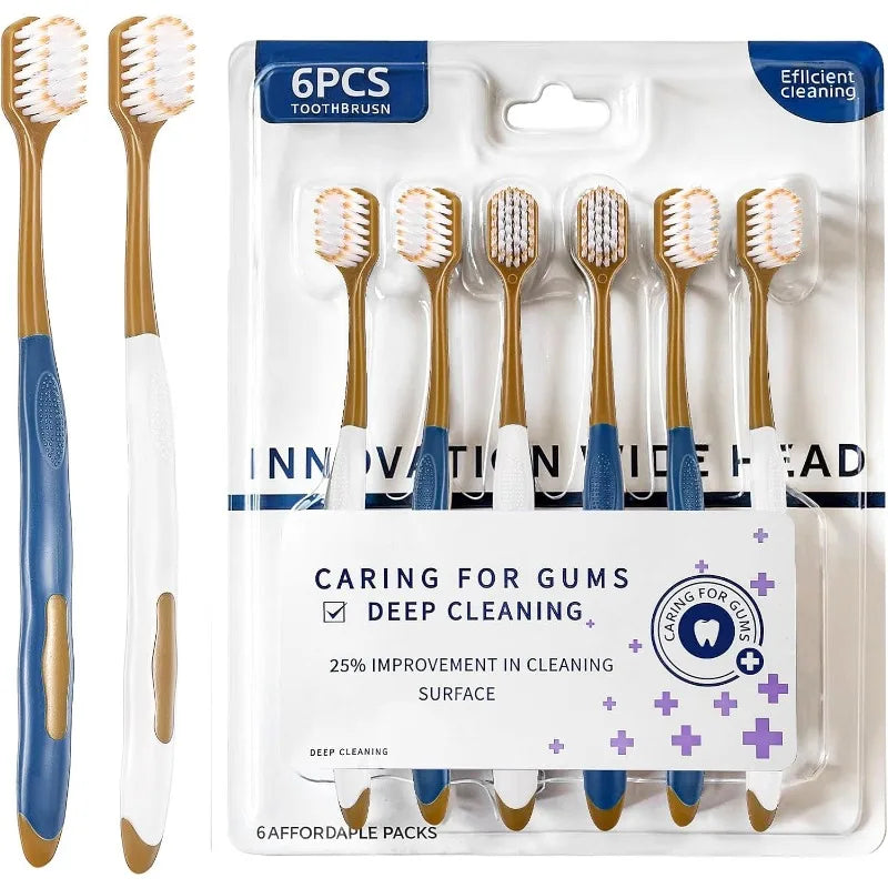 6 adult wide head soft bristled toothbrushes, gentle and manual to effectively clean teeth, suitable for travel and daily use Qme MULTI