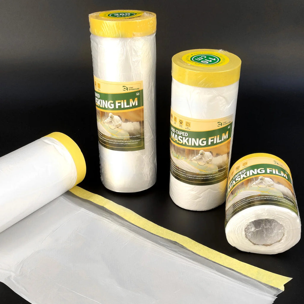 Pre-Taped Masking Film, Paint Adhesive Protective Film Roll for Covering Skirting, Frames, Cars and Auto Body Qme orange 20M 280CM