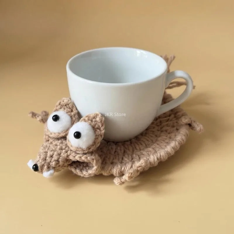 Finished Handwoven Animal Cup Coaster Cute Crochet Coffee Cup Mat Knitted Pad Tabletop Home Desk Decorative Ornament Qme Squirrel 1pc
