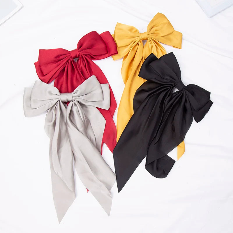 Elegant Bow Ribbon Hair Clip for Women Fashion Solid Satin Black Clip Simple Hairpin Headband with Clips Girls Hair Accessories Qme