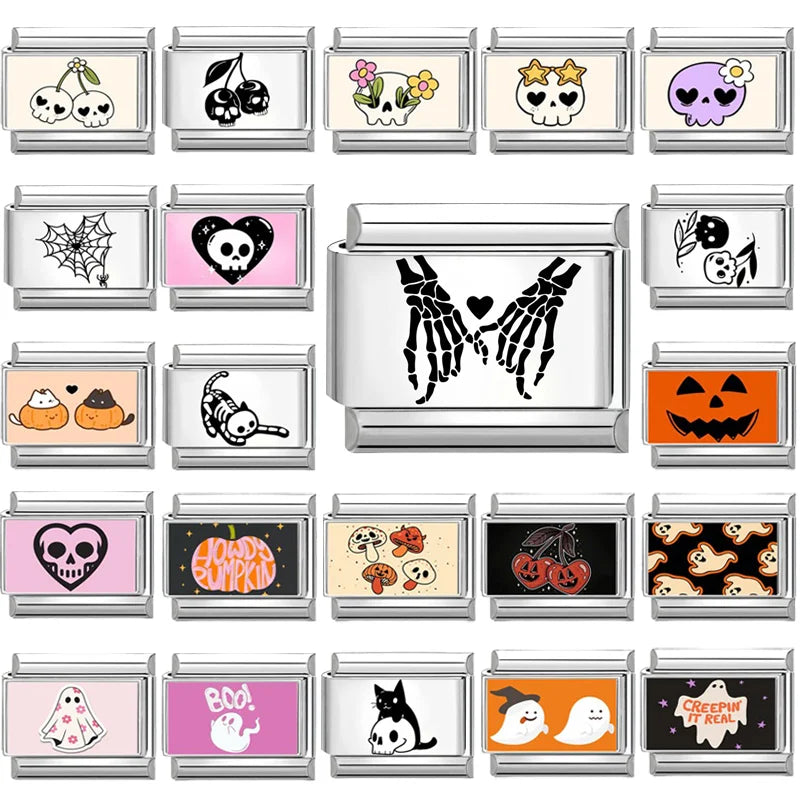 New 2025 Halloween Skull Hands Pumpkin Cats Ghost Italian Charms Links Beads Fit 9mm Stainless Steel Modular Bracelet Jewelry Qme