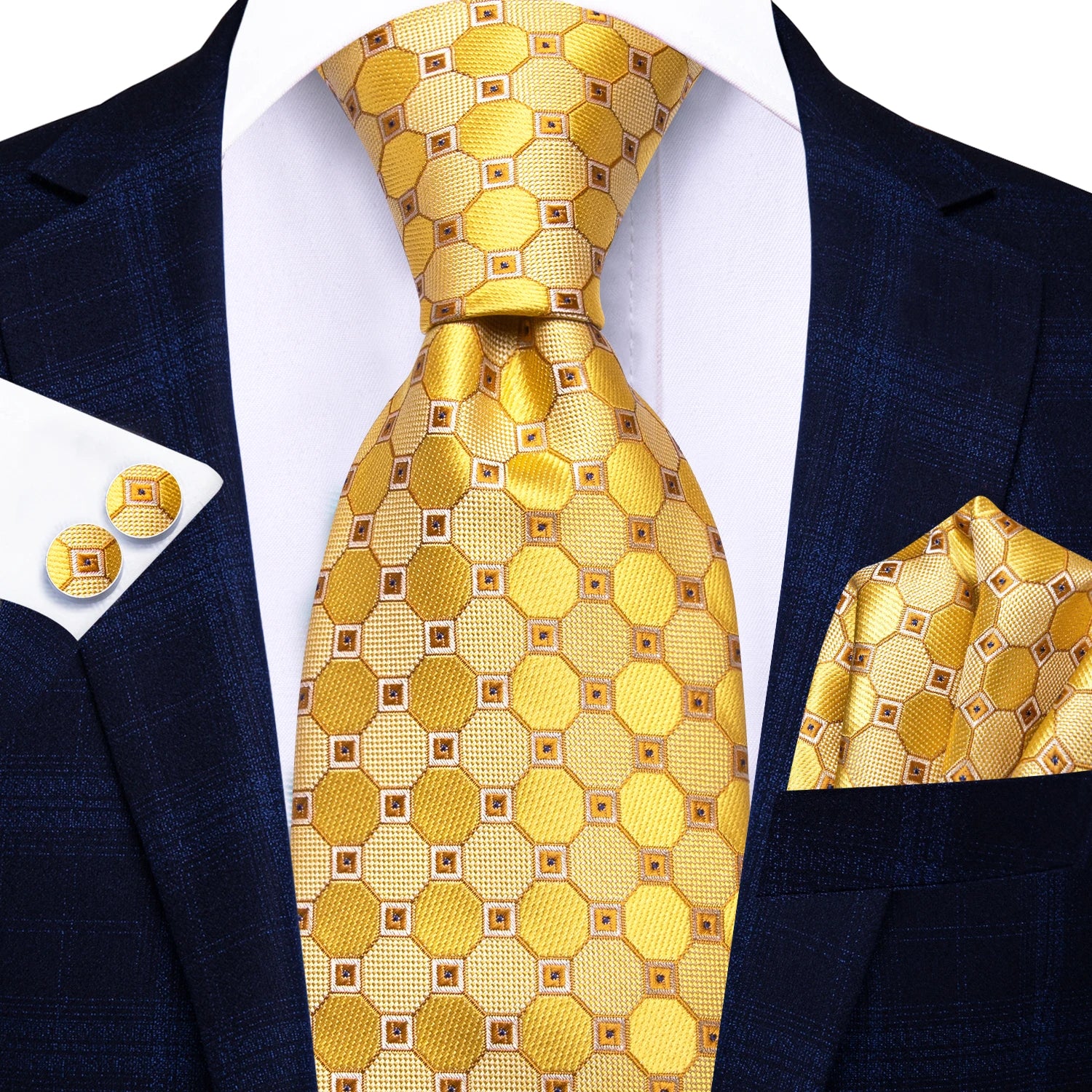 Hi-Tie Fashion 8.5cm Blue Plaid Dots Men's Elegant Tie Handkerchief Cufflinks Set Wedding Party Accessories Gift for Men Gravats Qme N-3954