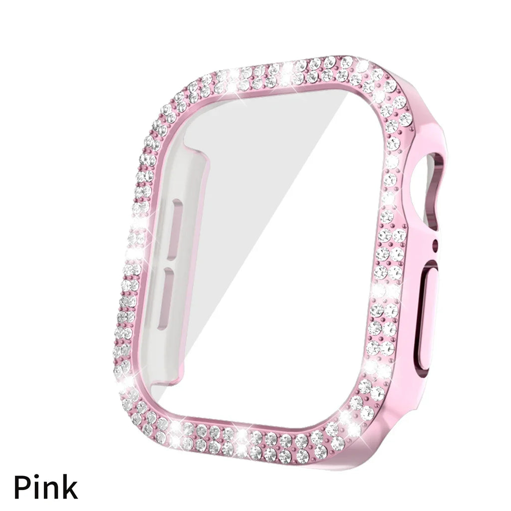 Bling Glass+Cover For Apple Watch 10 46mm 42mm Diamond Hard PC bumper+Screen Protector Case iwatch series 10 42 46mm Accessories Qme Pink For serise 10 46mm