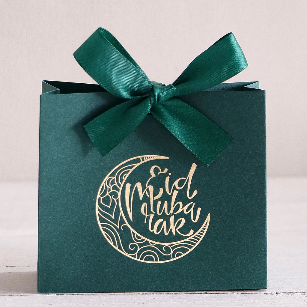 5-Pack Eid Al Adha Gift Boxes - Elegant Crescent Moon Design - White and Gold Mini Gift Bags with Ribbon Ties - Perfect for Choc Qme 5Pcs-Green-Green Other Other