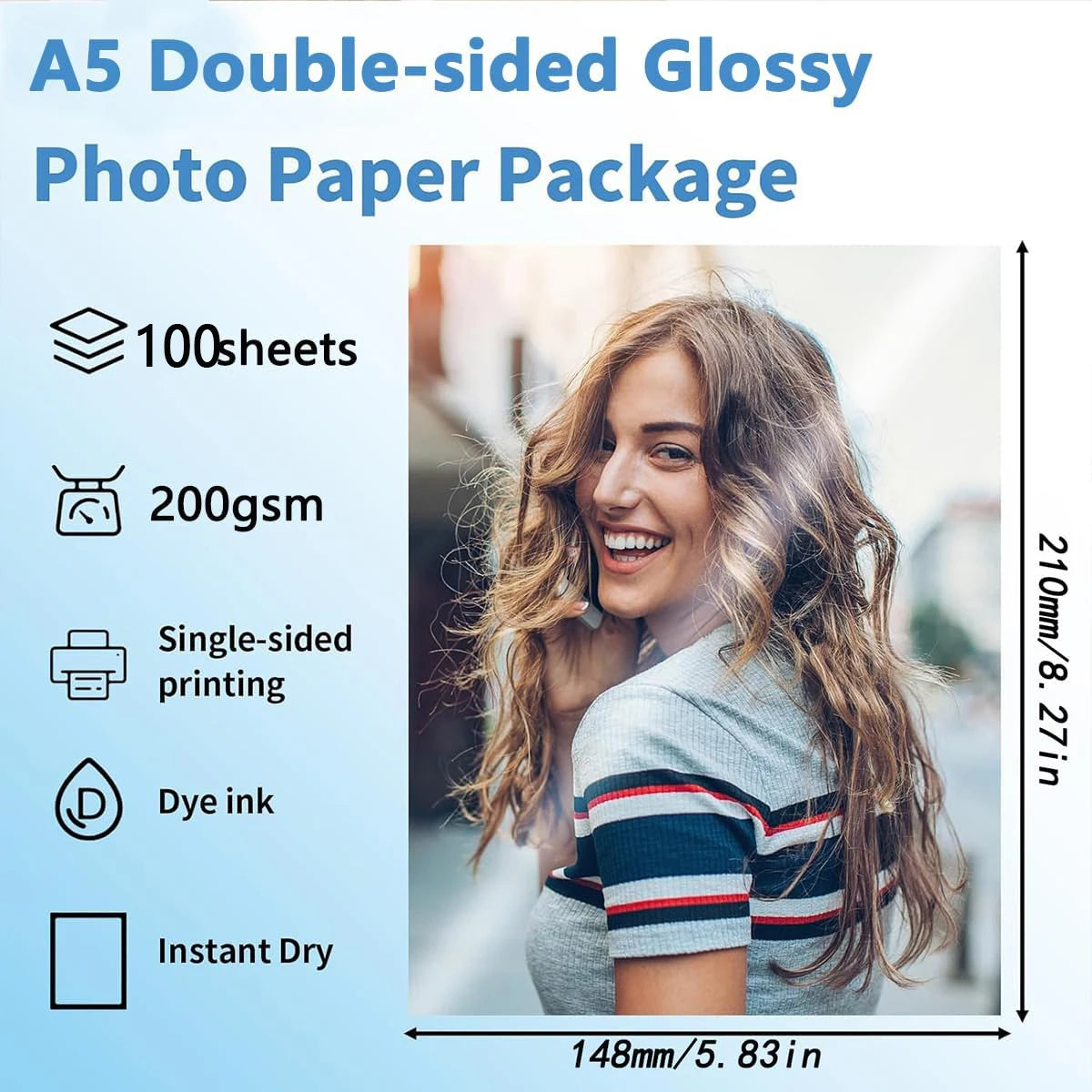 A5 Double Sided Glossy Photo Paper 5.83 x 8.27 Inch Photo Paper Art Paper 200gsm Printer Paper Office Supplies for Inkjet Print Qme M-A5-DSG-100