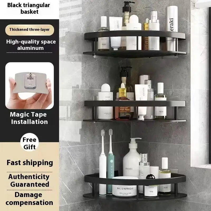 Corner Shelf Wall Soap Holder Bathroom Organizer Rack Punch-free Qme Black B 3pcs Alloy