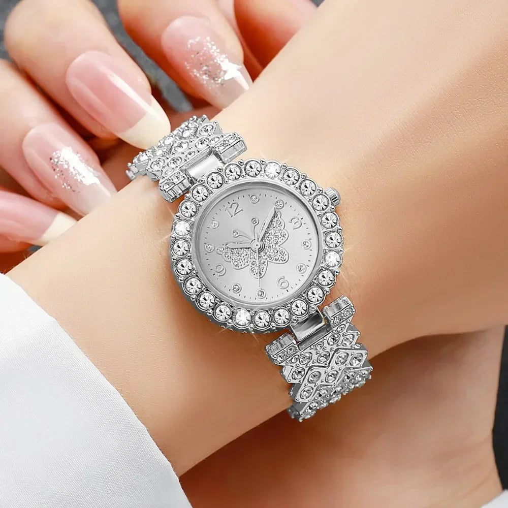 5PCS Luxury Rhinestone Butterfly Dial Women's Quartz Watch Elegant Ladies Bracelet Wristwatch Jewelry Set Qme