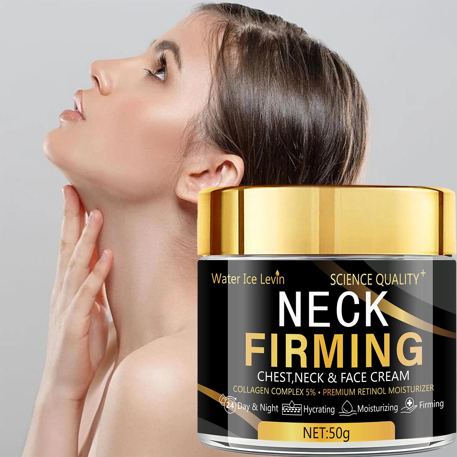 Water Ice Levin’s collagen-retinol blend moisturizes and tightens skin on chest, neck, and face. All-day use Qme