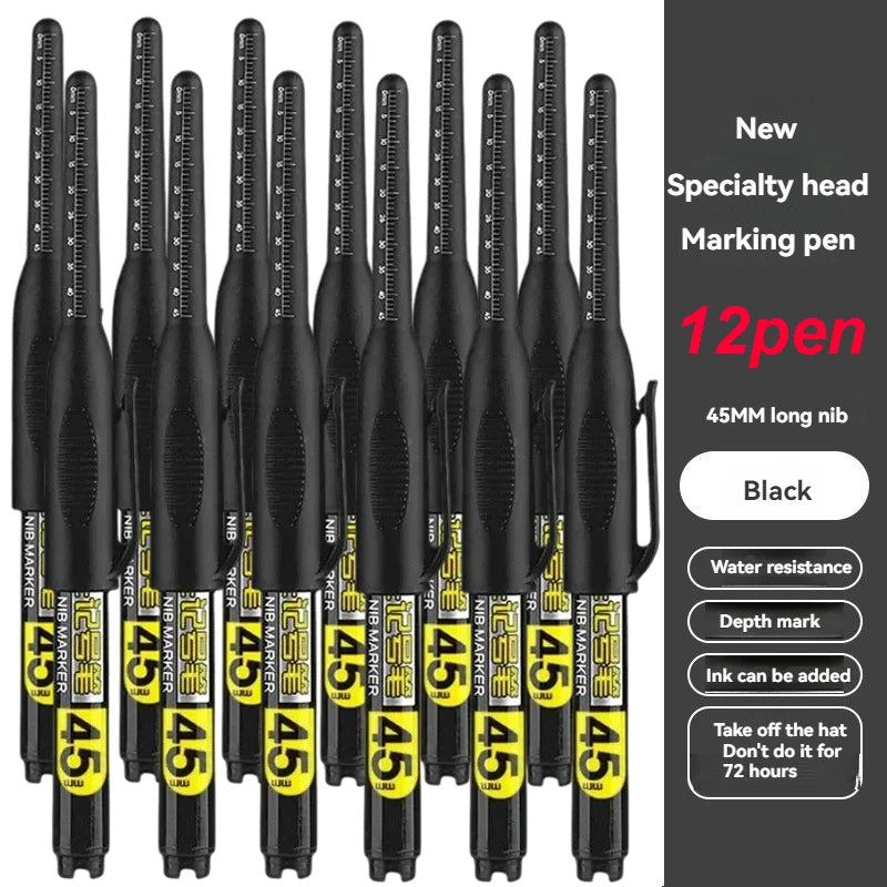 45mm Waterproof Long Head Nib Deep Hole Markers Pen Tile Carpenter Pen Multi-purpose for Woodworking Black/White/Red Ink Qme 12 pens black