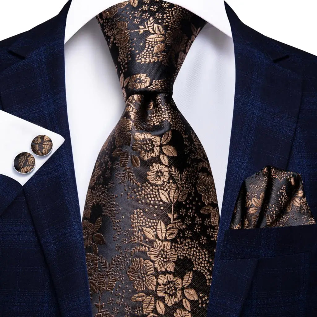 Hi-Tie Paisley Brown Tie For Men Elegant Mens Necktie Pocket Square Cufflink Groom Wedding Accessory Wholesale New Designer Qme 1N-3021