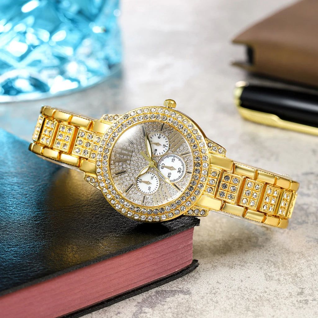 1 pcs full diamond Roman literal steel strap watch with starry temperament quartz watch paired with 5 pcs of large heart set Qme