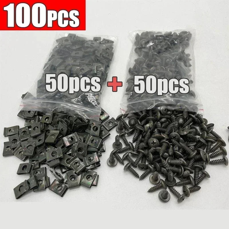 Car Clamping Clip U-type Metal Screw Clip Tools for Motorcycle Engine Bottom Tray Splash Protector Bumper Screw Car Accessories Qme 50set