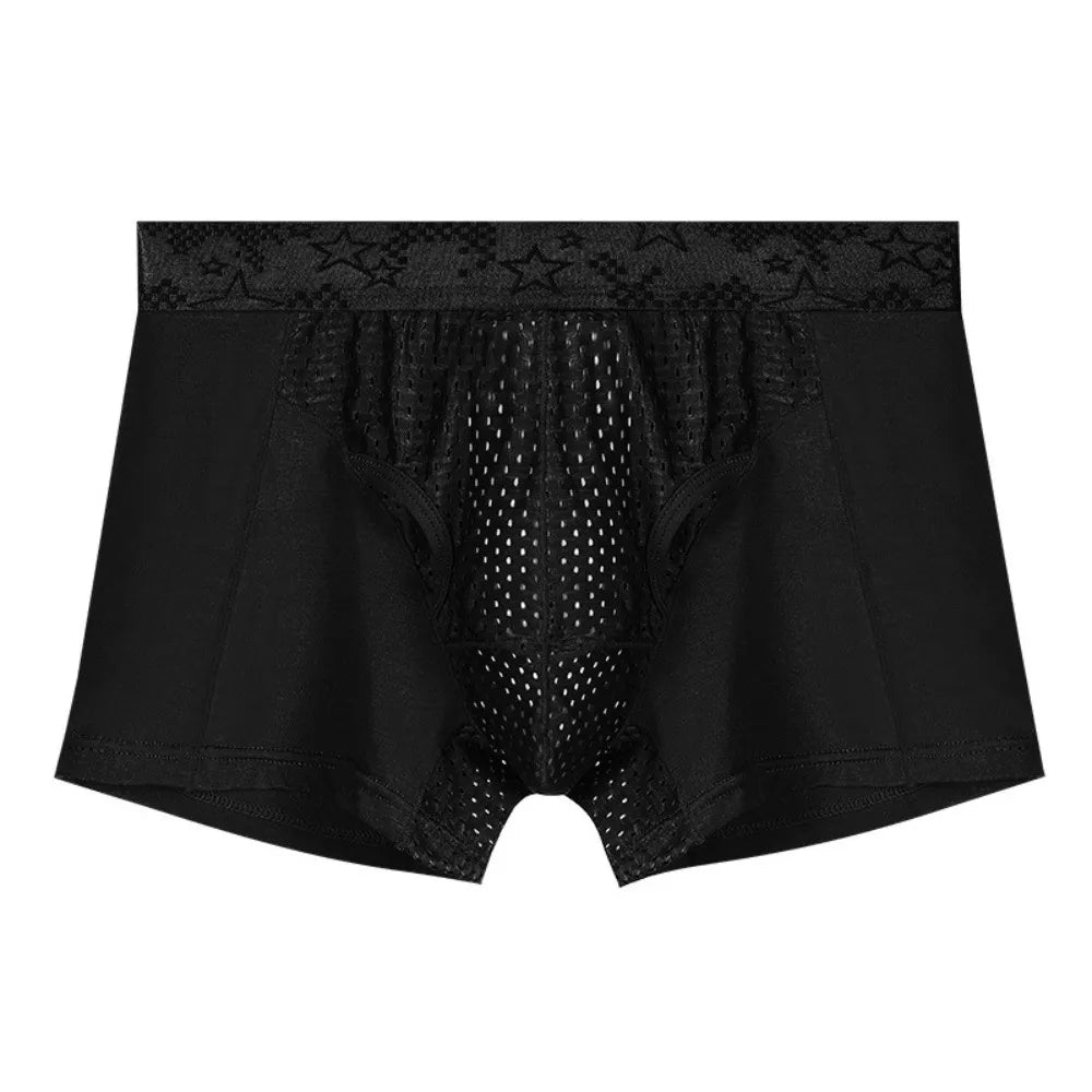 Quick-drying Men's Mesh Boxer Briefs Split Design Four-way Stretch Qme Black 3XL