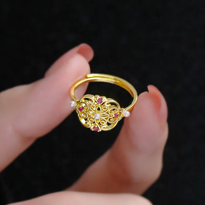 New Chinese Style Retro Palace Auspicious Ring with Adjustable Exquisite Temperament and Versatile Ring Jewelry Qme