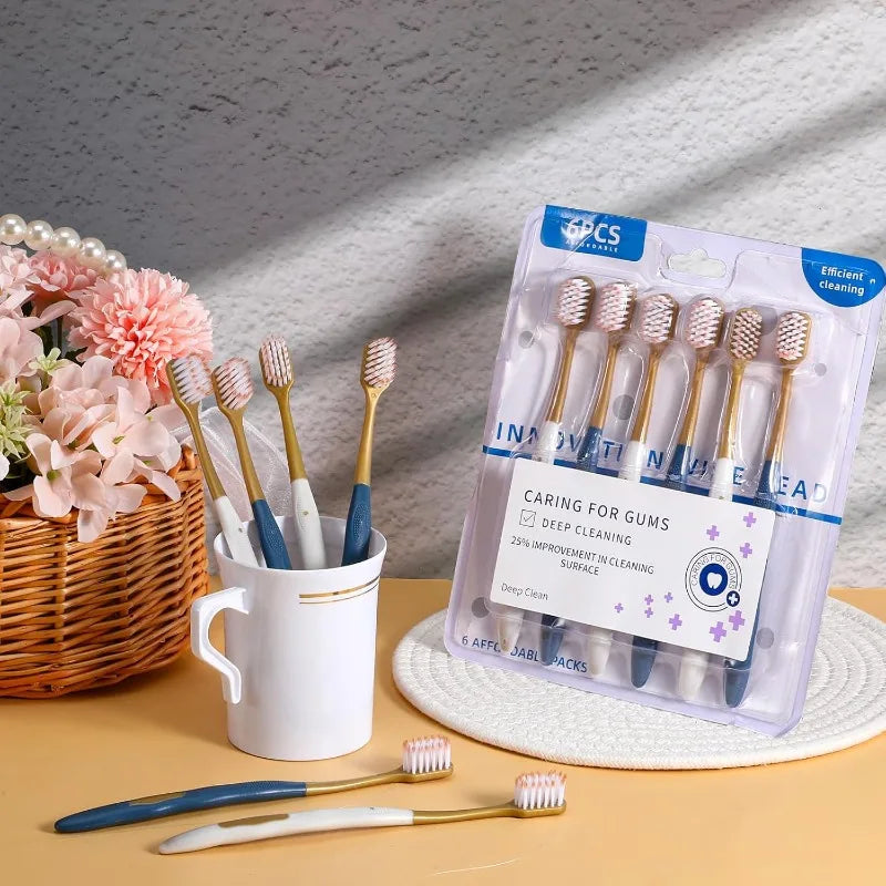 6 adult wide head soft bristled toothbrushes, gentle and manual to effectively clean teeth, suitable for travel and daily use Qme
