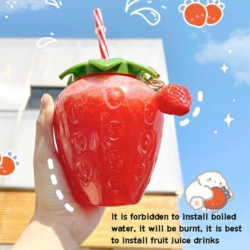 ^500ml Summer Cute Strawberry Straw Water Bottle Milk Coffee Straw Cup for Home Qme