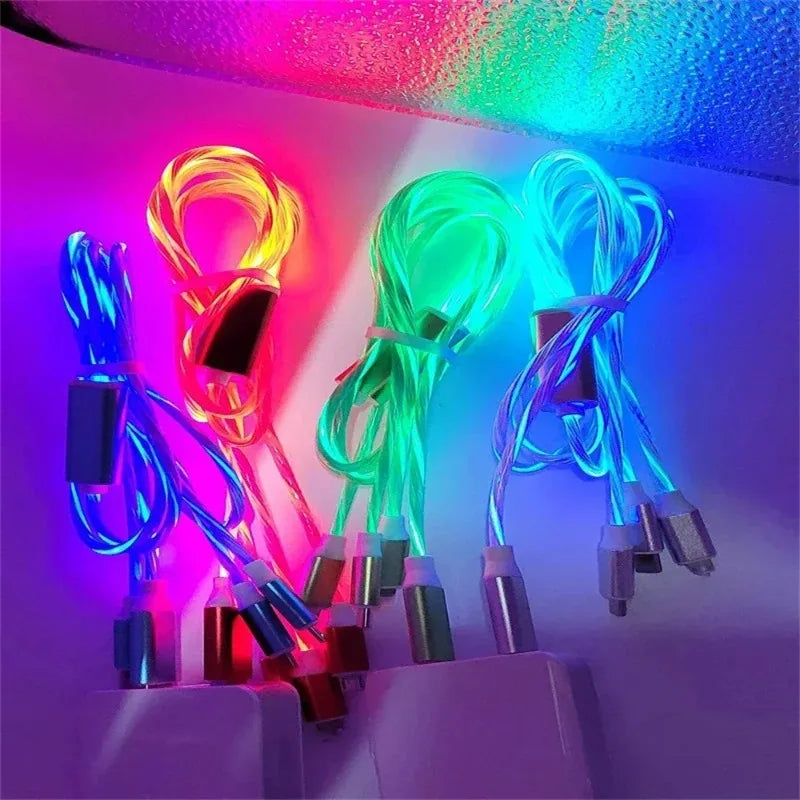 2pcs 3 in 1 Fast Charging Cable for Type C Lightning Android Universal Mobile Phones with Flowing Light Qme