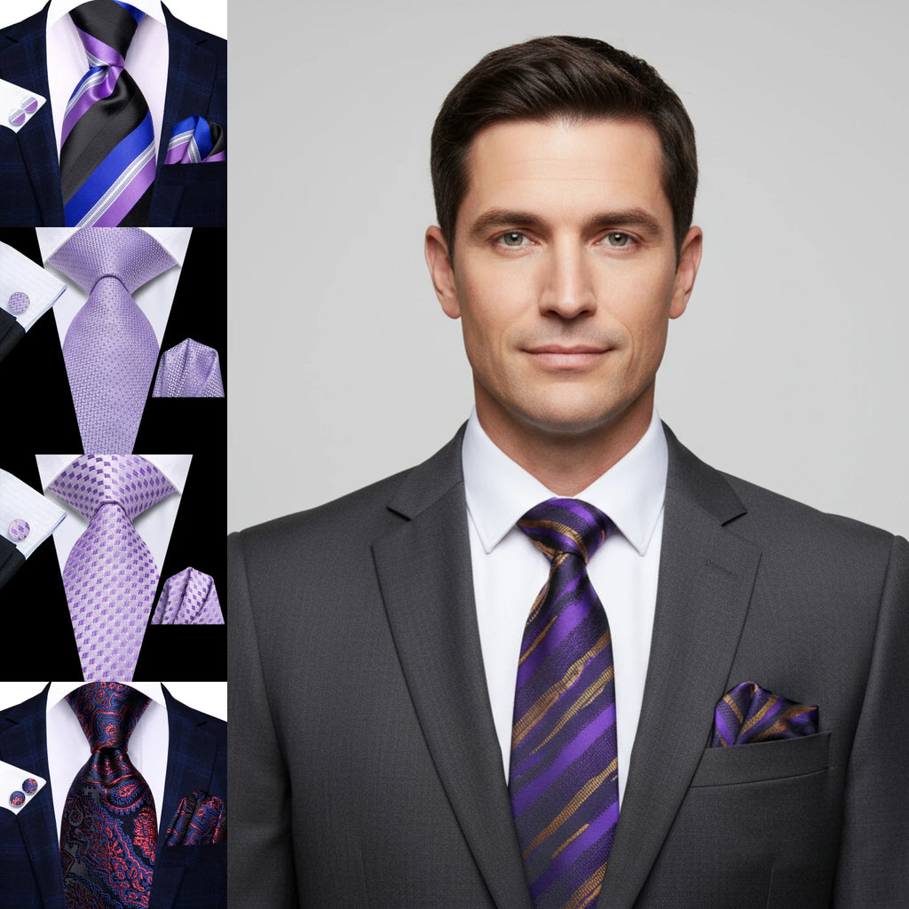 Hi-Tie 3pcs Mens Tie Purple Floral Stripes Solid Necktie Pocket Square Cufflinks Set Wedding Formal Casual Office Party Qme