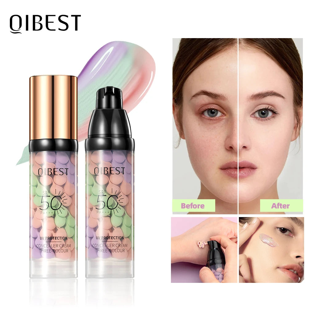QIBEST Face Makeup Primer Tri-color Cream Brighten Contour Color Isolation Waterproof Foundation Natural Makeup Base Cream Qme