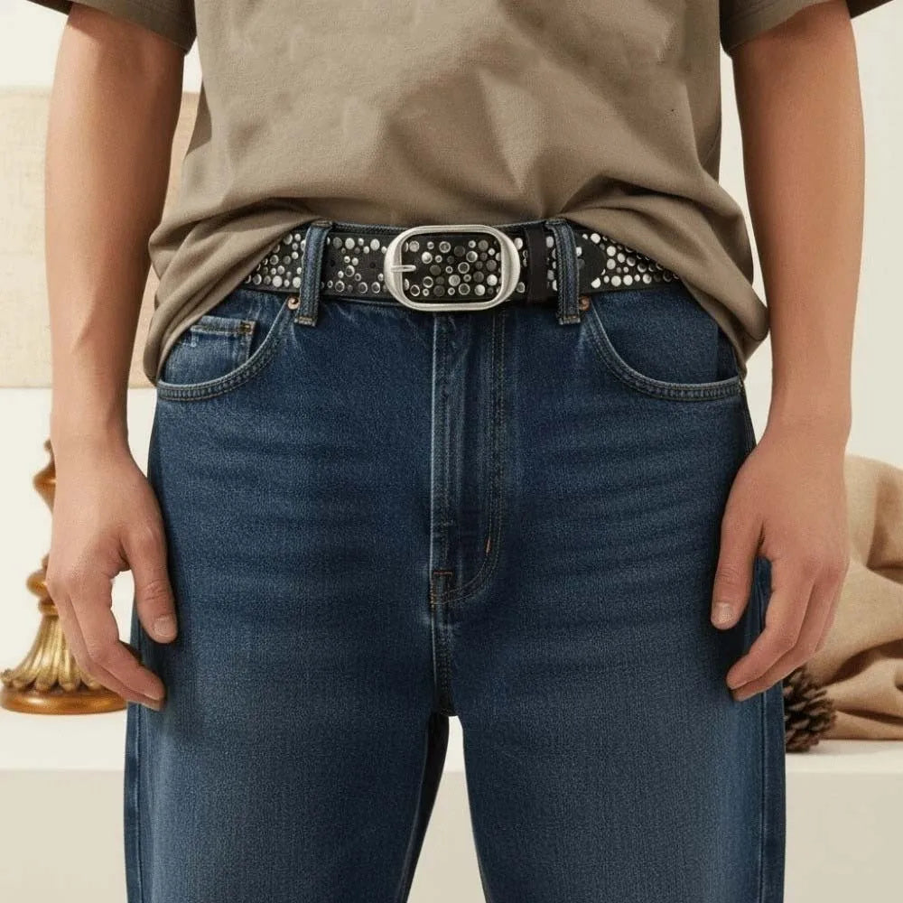 Randomly Placed Gothic Waiststrap Multi-Toned Aged Bronze Rivet Leather Belt Scratch Resistant Matt Finish Qme
