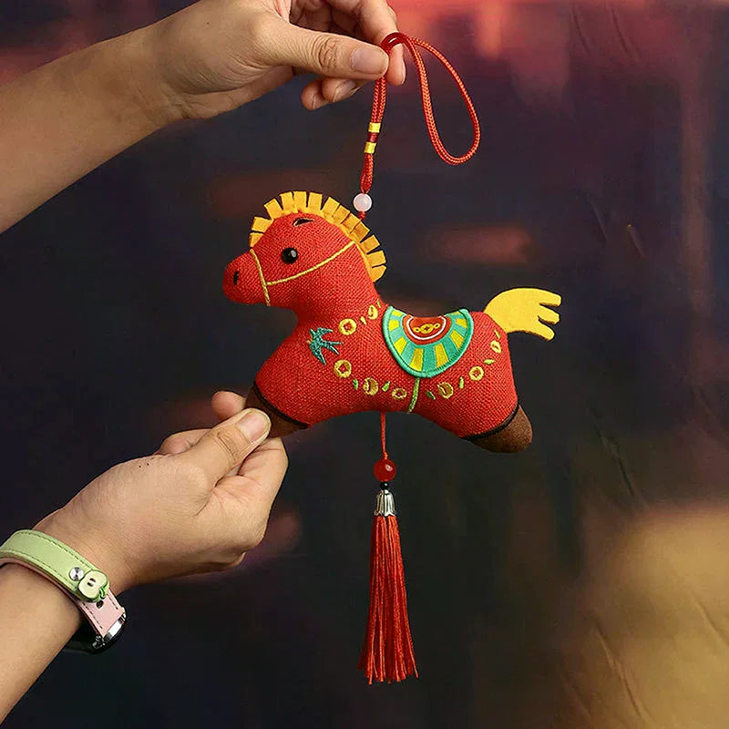 Cute Zodiac Horse Pendant Red Car Keychain Pendant Embroidery Doll Mascot New Year Chinese Style Gifts Decoration Accessories Qme