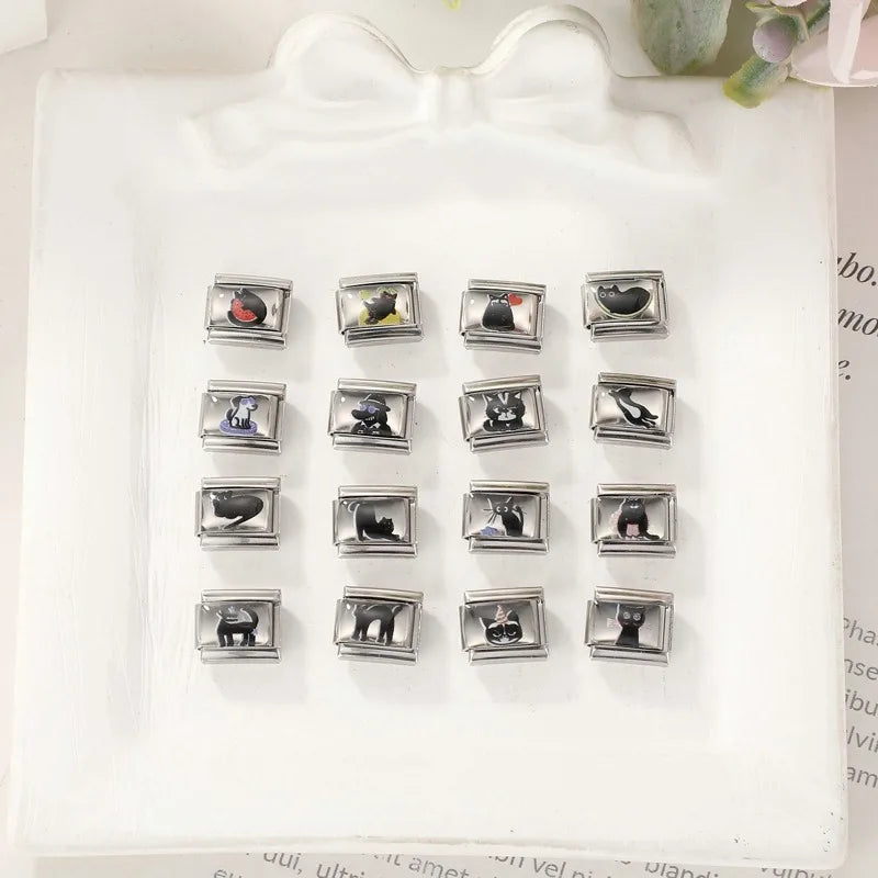 2026 Versatile New Black Pattern Cute Heart Cats Dogs Italian Style Bracelet 9mm Stainless Steel Modular DIY Bracelet Wholesale Qme