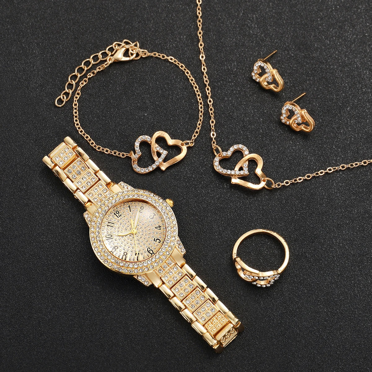 6PCS Full Diamond Roman Literal Steel Strip Watch Starry Sky Charm Business Quartz Watch Hip Hop Style Full Diamond Watch Set Qme