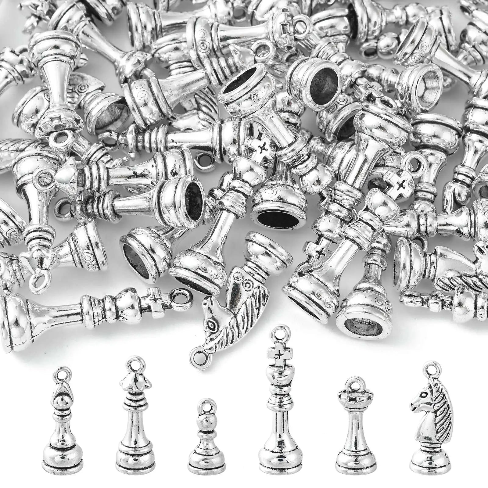 Pandahall 60Pcs 6 Styles Tibetan Chess Piece Charms 3D Internatiional Chess Piece Charms for Jewelry Making DIY Crafting Qme