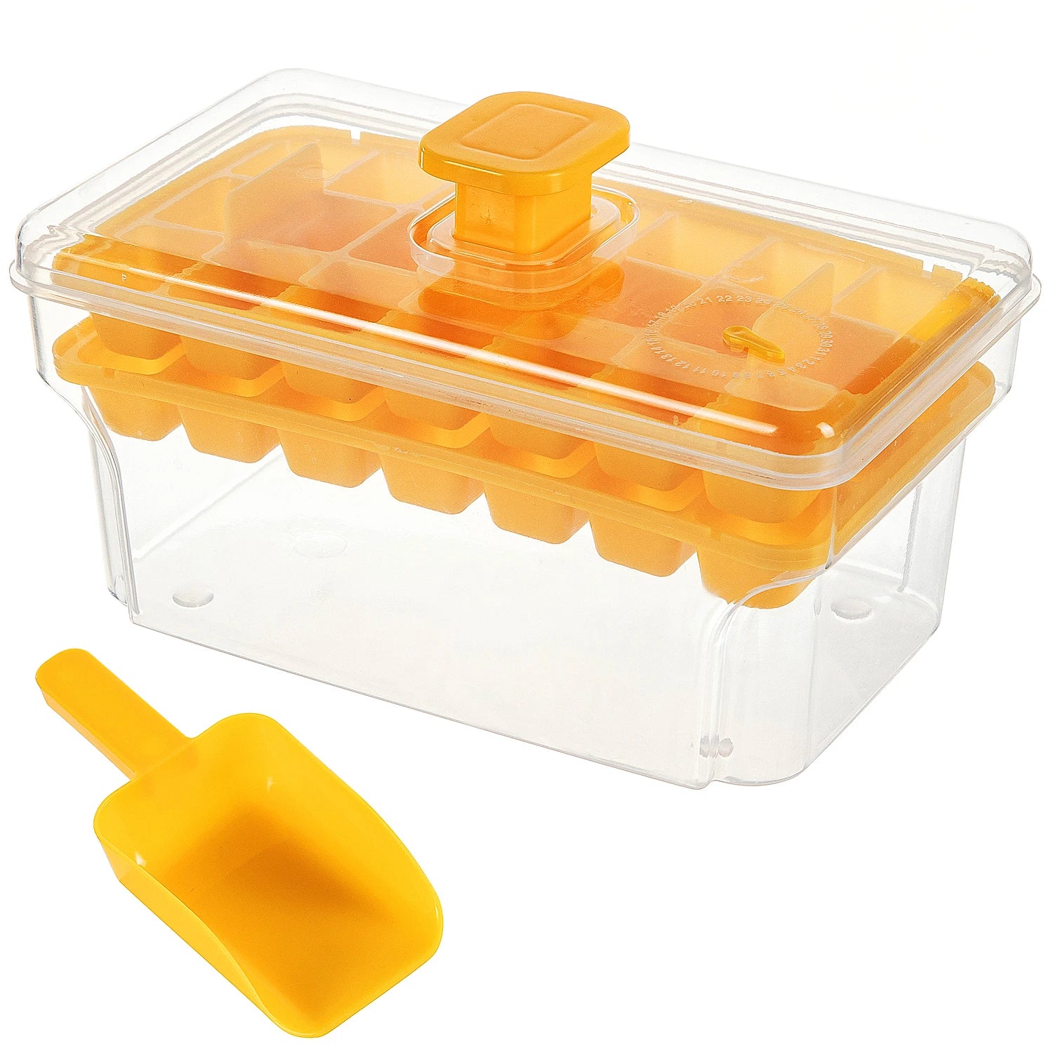 Double-layer 68-grid Push-type Deicing Ice Cube Tray with Storage Box Portable Ice Box with Ice Shovel Household Ice Making Set Qme Yellow