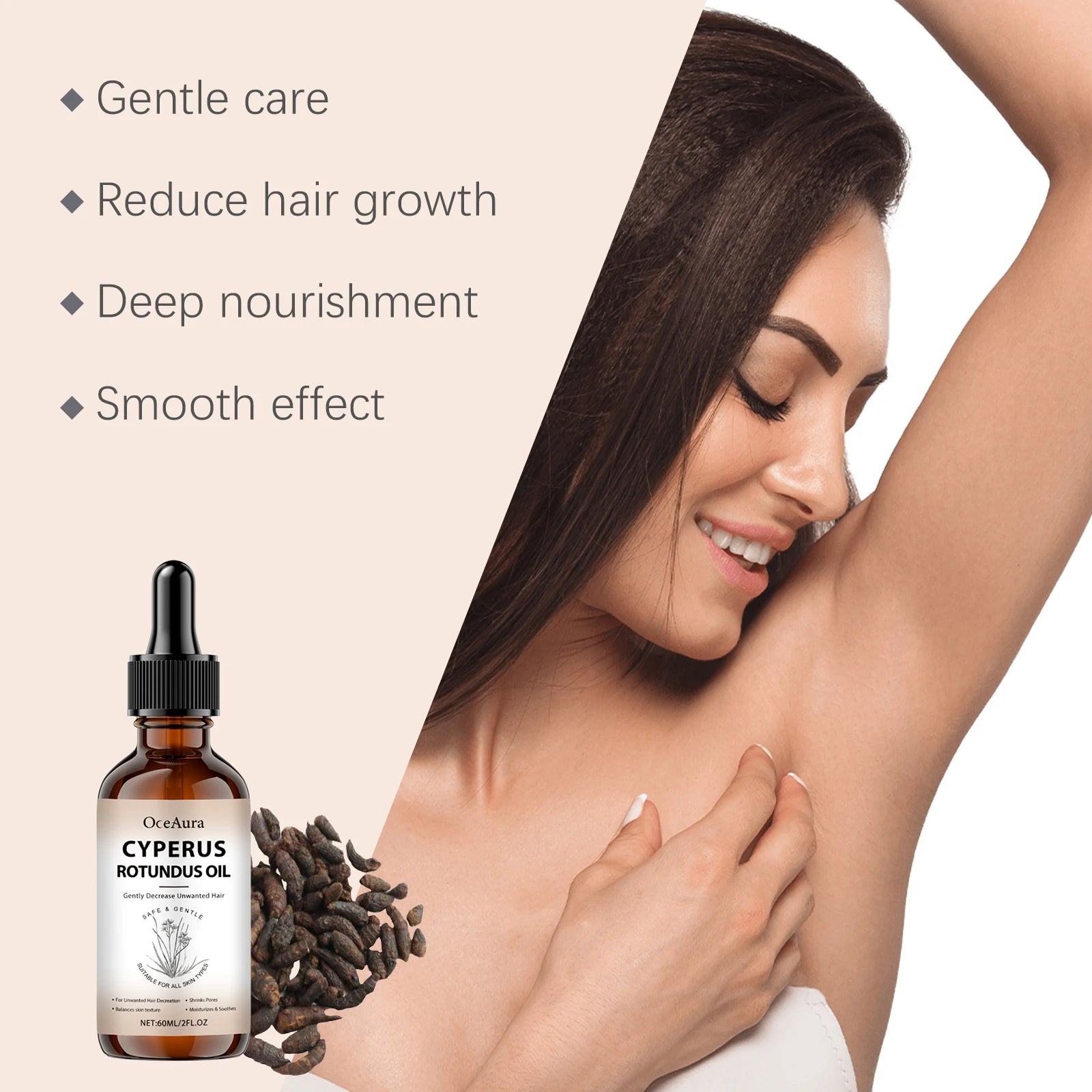 Pure Cyperus Rotundus Oil for Hair Removal Essence Reduce Armpit Arms Body Hair Inhibitor Shrink Pores Smooth Skin Care Serum Qme