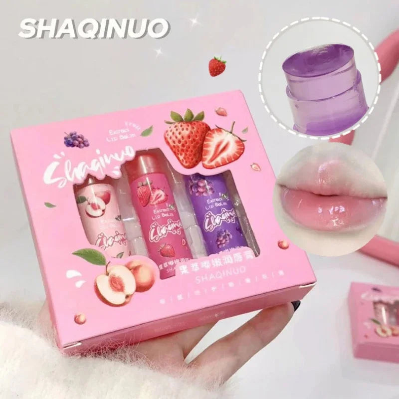 Set of 3Pcs Fruit Extract Lip Balm Jelly Moisturizing Hydrating Lipsticks Watery Gloss Fade LipLines Lip Care Tinted Lip Pomade Qme