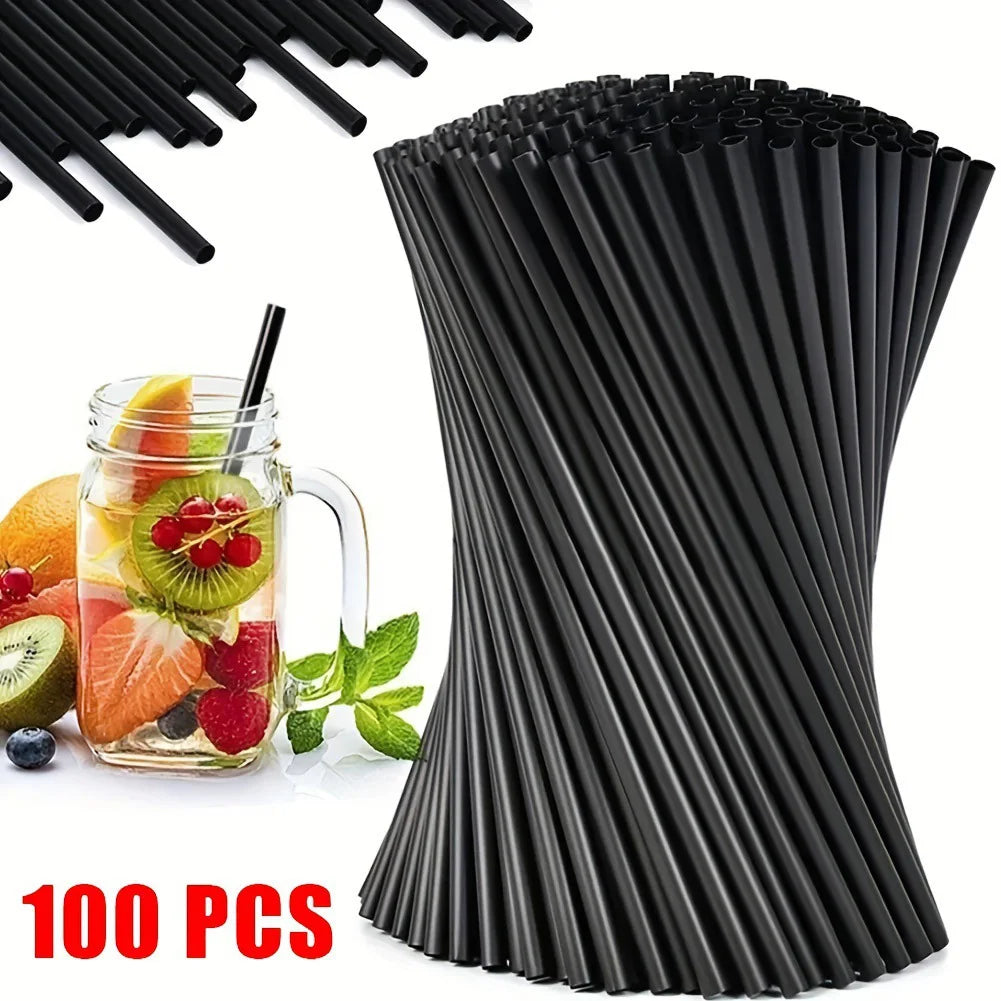 100Pcs Black Drinking Straws with Straw Brush Flexible Plastic Straw Reusable Milkshake Straws for Home Kitchen Qme