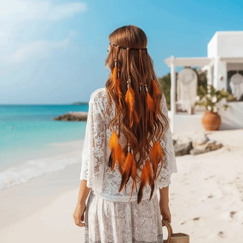 Synthetic Braided Cord Boho Feather Headpiece Vibrant Orange Plumage Adjustable Slide Bead Tribal Hair Extension Secure Fit Band Qme
