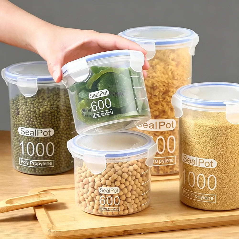 1Pcs Plastic Sealed Tank Large Capacity Crisper Kitchen Organize Grain Storage Box With Scale Clear Jar Spice Container 1000ML Qme