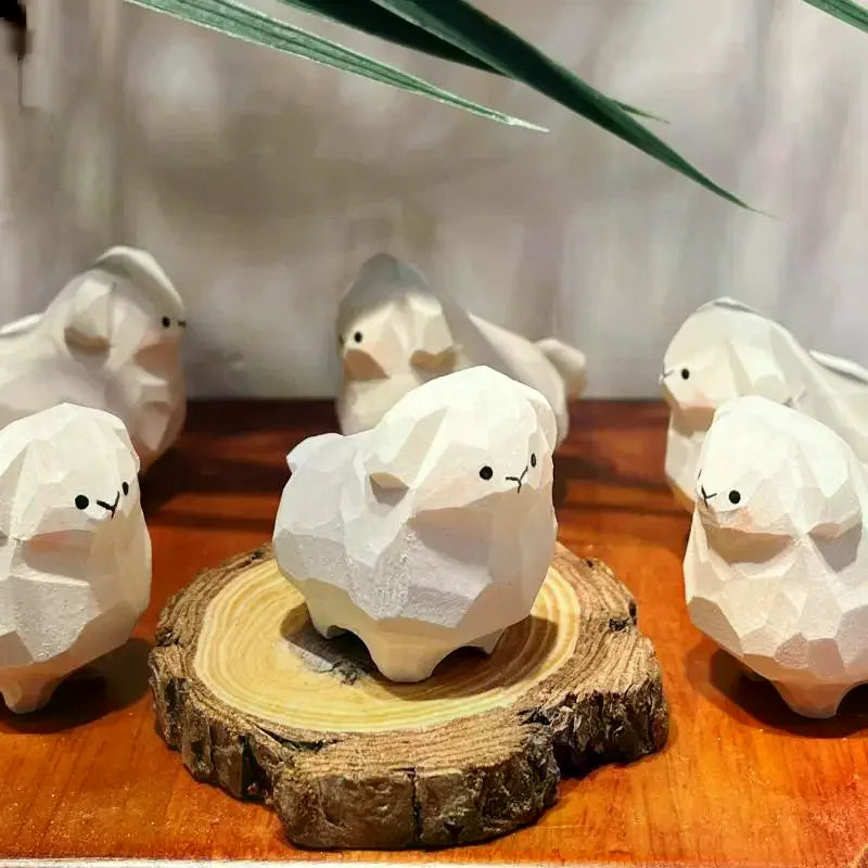 1Pcs Handcrafted Wood Figurines Handmade Wooden Sheep Ornament For Home Desktop Car Decoration Qme