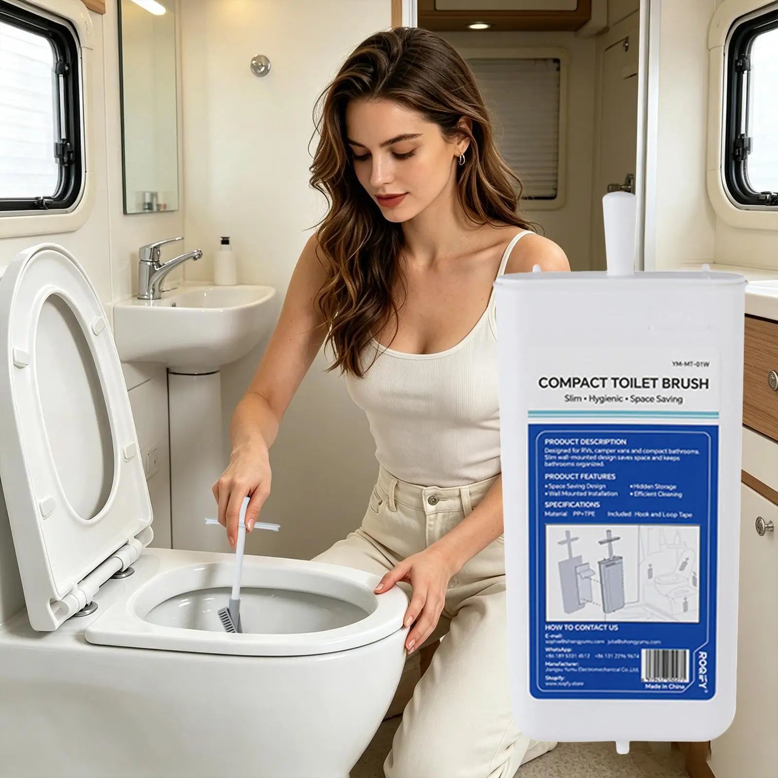 RV Toilet Brush with Holder Wall-Mounted Retractable Head Compact Toilet Scrubber Set for RV Camper Travel Home Bathroom Qme