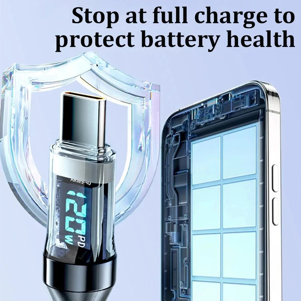 120W USB A to Type C Fast Data Transmission Cord Phone Quike Charging Cable LED Display Line For Samsung iPhone Xiaomi Data Wire Qme