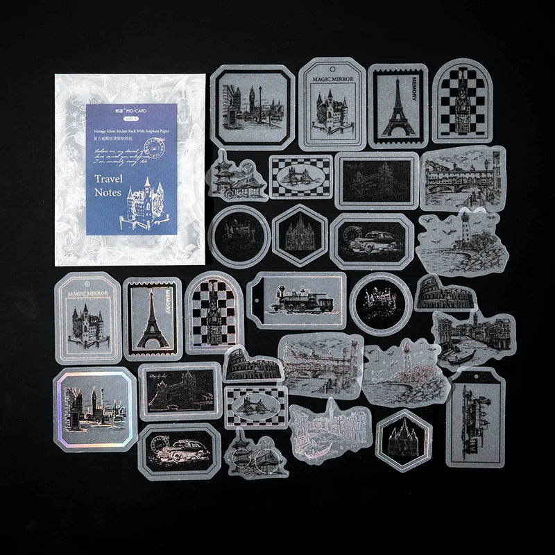 30pcs/pack Vintage Silvery Stickers for Junk Journal DIY Scrapbooking Collage Album Creative Stationery Craft Sticker Qme D