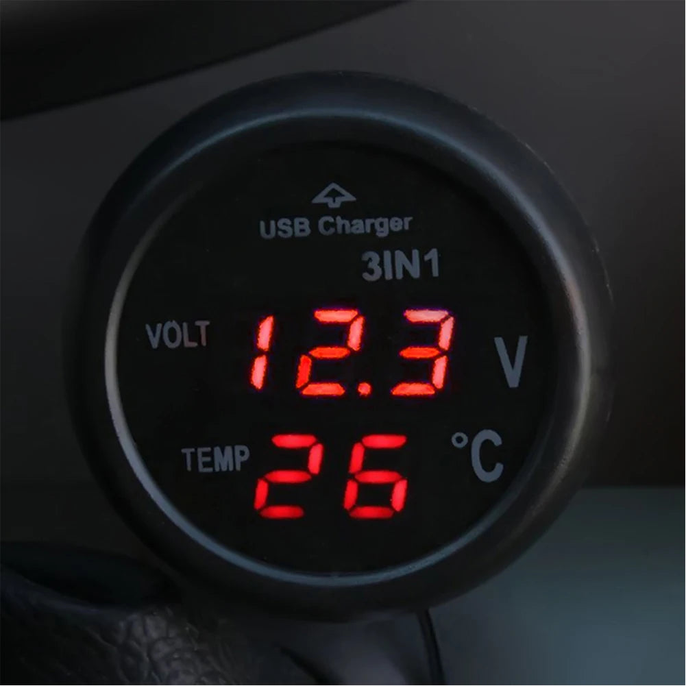 Car Charger 3 in 1 12/24V Charge with Voltmeter Switch Car Auto LED Digital Voltmeter Gauge Thermometer USB Charger Qme