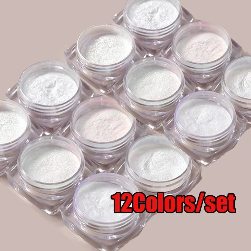 12Pcs/Set Aurora White Nail Mirror Powder 0.3g/Jar Shimmer Moonlight Chrome Pigment Dust for UV Gel Polish Manicure Decorations Qme