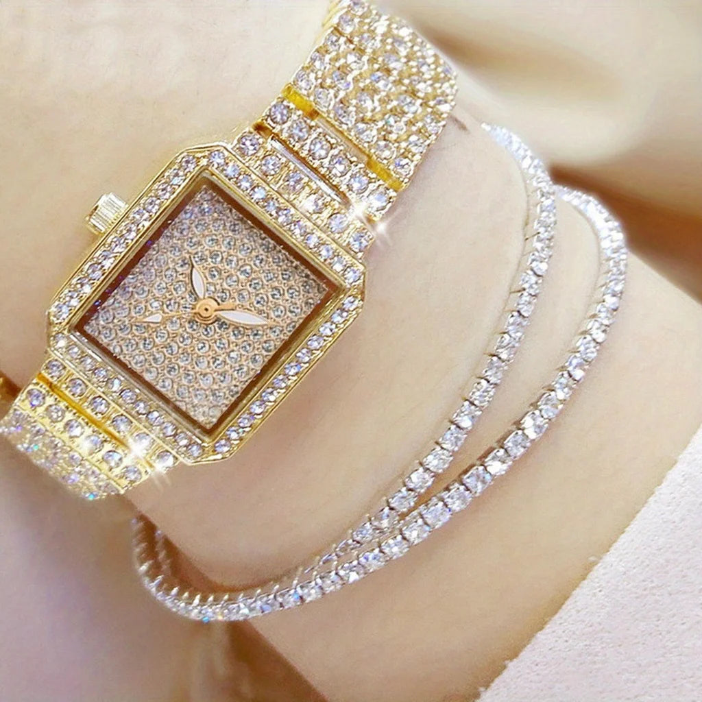 3pcs/set Ladies Watch Luxury Women Watch Crystal Rhinestone Watches Quartz Stainless Steel Strap Wristwatch Square Dial Wrist Qme